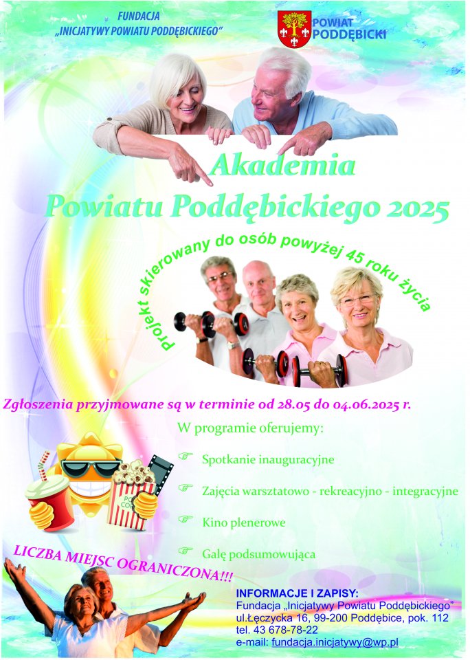 plakat zapraszający do udziału w projekcie Akademia Powiatu Poddębickiego dla osób powyżej 45 roku życia z terenu powiatu poddębickiego